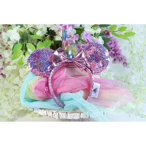 Disney Parks Minnie Mouse Unicorn Sequin Headband Rainbow Veil Pink Purple Bow